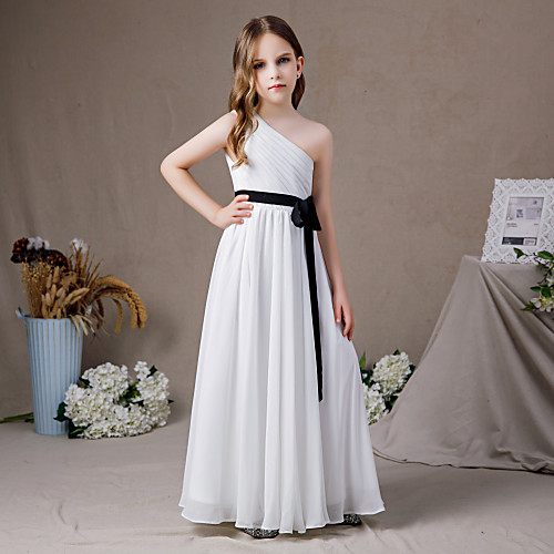 

A-Line Floor Length Junior Bridesmaid Dress Party Chiffon Sleeveless Jewel Neck with Pleats