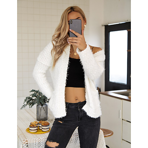 

Women's Basic Knitted Solid Color Plain Cardigan Long Sleeve Sweater Cardigans Open Front Fall Winter White