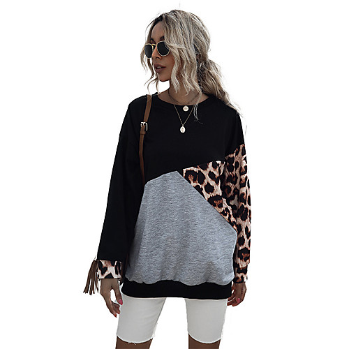 

Women's T shirt Leopard Cheetah Print Long Sleeve Patchwork Print Round Neck Basic Tops Black