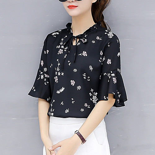 

Women's Blouse Shirt Floral Flower Ruffle Print Standing Collar Basic Tops Black Beige Gray