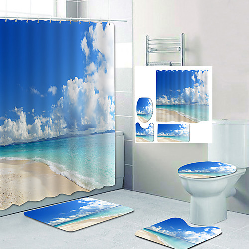 

Blue Sky Beach Digital Printing Four-piece Set English Green Leaf Digital Printing Shower Curtain Shower Curtains & Hooks Modern Polyester New Design