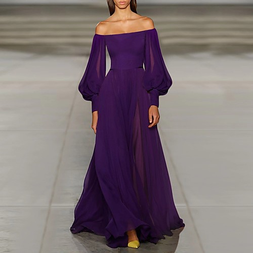 

Women's Swing Dress Maxi long Dress Purple Wine Green Black Long Sleeve Solid Color Ruched Mesh Patchwork Fall Round Neck Hot Elegant Party Lantern Sleeve 2021 M L XL / Chiffon