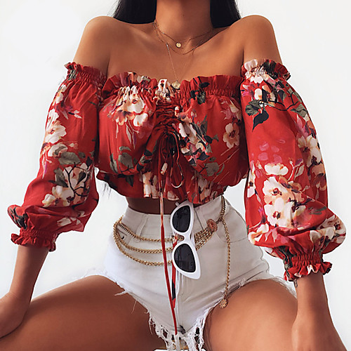 

Women's Blouse Shirt Floral Flower Long Sleeve Print Off Shoulder Sexy Tops Red / Crop