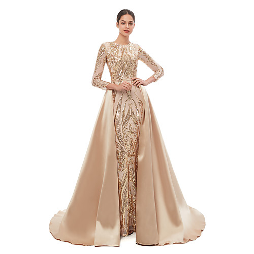 

Mermaid / Trumpet Elegant Vintage Prom Formal Evening Dress Jewel Neck Long Sleeve Detachable Sequined with Sequin 2021