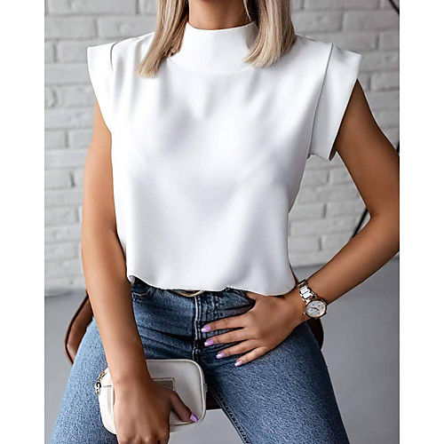 

Women's Blouse Shirt Solid Colored Patchwork Standing Collar Business Basic Tops White Black Blushing Pink