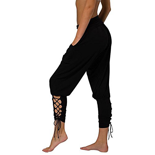 

2019 womens leggings,yoga sportwear lace-up bandage solid casual elastic waist pants by-newonesun black
