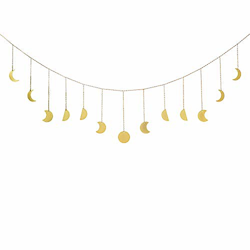 

moon phase wall hanging boho decor banner golden wall art garland bohemian metal moon cycle home decoration for bedroom, living room, apartment or dorm, gold