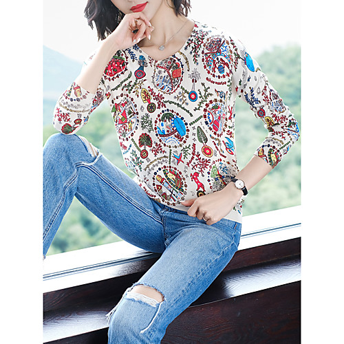 

Women's Stylish Knitted Geometric Pullover Long Sleeve Sweater Cardigans Crew Neck Round Neck Fall White Khaki