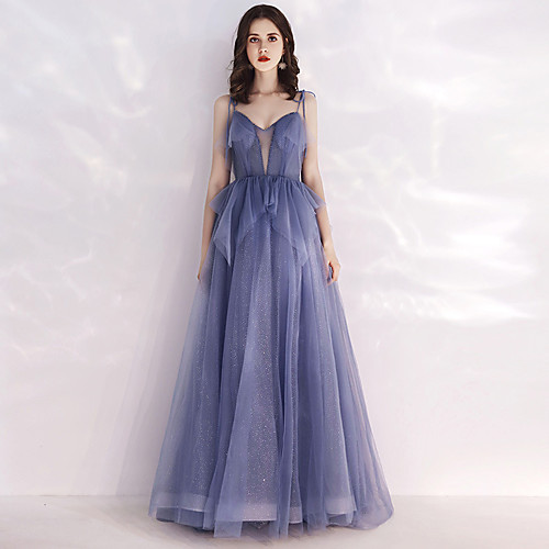 

A-Line Glittering Elegant Engagement Formal Evening Dress Spaghetti Strap Sleeveless Sweep / Brush Train Tulle with Pleats 2021