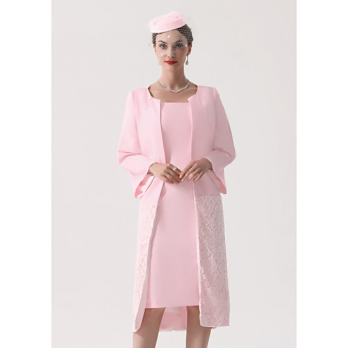 

Sheath / Column Mother of the Bride Dress Plus Size Elegant Jewel Neck Knee Length Polyester Long Sleeve with Appliques 2021