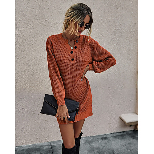 

Women's Sweater Jumper Dress Short Mini Dress Gray Green Black Red Beige Long Sleeve Solid Color Button Fall V Neck Hot Casual Loose 2021 S M L XL
