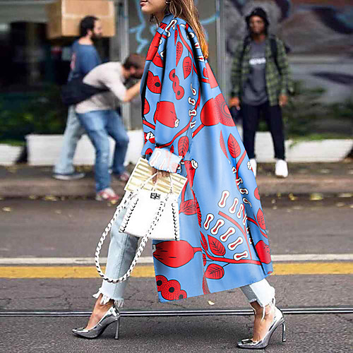 

Women's Coat Daily Fall & Winter Long Coat Peaked Lapel Loose Basic Jacket Long Sleeve Geometric Print Rainbow