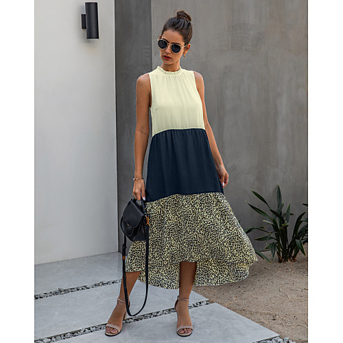 

Women's Swing Dress Midi Dress Blue Black Sleeveless Color Block Leopard Patchwork Print Summer Round Neck Hot Casual Loose 2021 S M L XL XXL