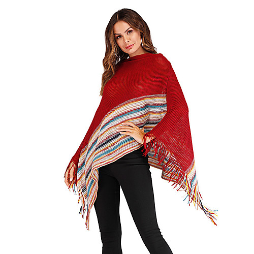 

Women's Basic Knitted Striped Cloak / Capes Long Sleeve Sweater Cardigans Crew Neck Round Neck Fall Winter Black Red Beige