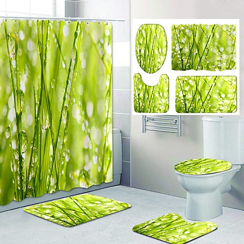 

Green Leaf Dewdrop Pattern Printing Bathroom Shower Curtain Leisure Four-Piece Design Polyster Mats and Shower Curtain with Hooks 72 Inch