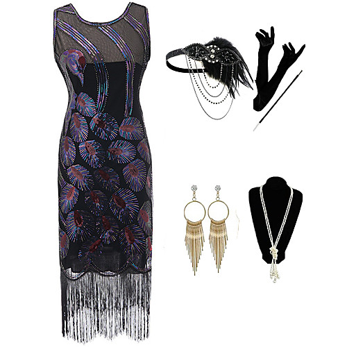 

The Great Gatsby 1920s Vintage Vacation Dress Flapper Dress Outfits Masquerade Prom Dress Women's Tassel Fringe Costume Black / Blue Vintage Cosplay Party Prom / Gloves / Headwear / Necklace
