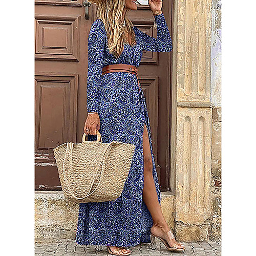 

Women's Swing Dress Maxi long Dress Blue 3/4 Length Sleeve Floral Split Print Fall Spring V Neck Hot Sexy vacation dresses 2021 M L XL XXL 3XL