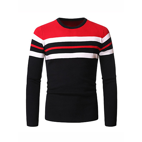 

Men's Striped Pullover Long Sleeve Sweater Cardigans Crew Neck Red Gray