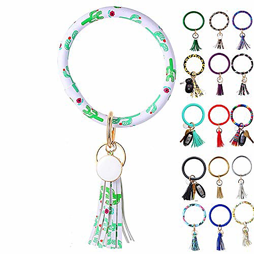 

wristlet keychain bracelet, leather tassel key ring keychain bangle circle keyring bracelets for women and girls