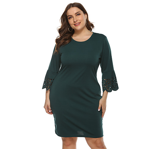 

Women's Sheath Dress Knee Length Dress Fuchsia Green Black Long Sleeve Solid Color Fall Spring Round Neck Sexy 2021 L XL XXL 3XL / Plus Size