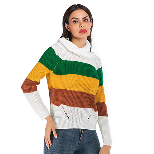 

Women's Basic Knitted Striped Color Block Pullover Long Sleeve Sweater Cardigans Turtleneck Fall Winter Yellow