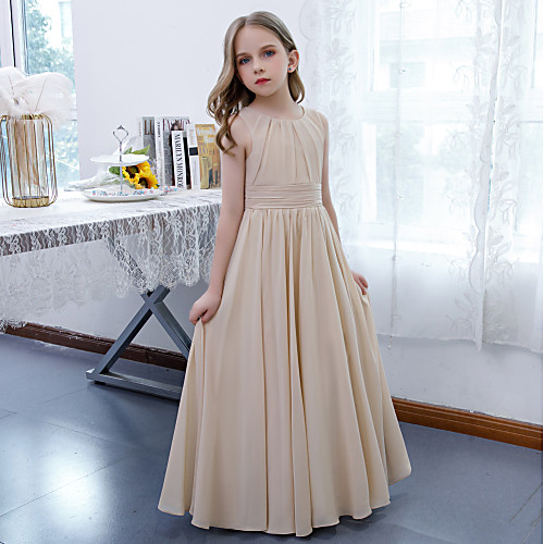 

A-Line Floor Length Junior Bridesmaid Dress Party Chiffon Sleeveless Jewel Neck with Pleats