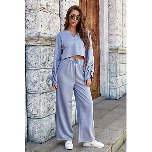 

Women's Basic Solid Color Two Piece Set Blouse Tracksuit Shirt Pant Loungewear Drawstring Tops