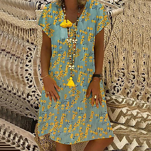 

Women's A Line Dress Knee Length Dress Yellow Red Short Sleeve Print Patchwork Print Summer V Neck Hot Casual Loose 2021 S M L XL XXL 3XL 4XL 5XL