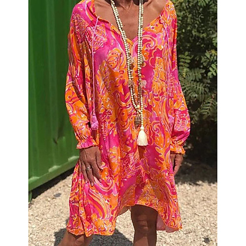 

Women's Swing Dress Knee Length Dress Red Long Sleeve Print Ruffle Print Summer V Neck Hot Casual Boho Holiday Loose 2021 S M L XL XXL 3XL