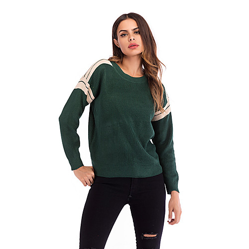 

Women's Basic Knitted Striped Pullover Long Sleeve Sweater Cardigans Crew Neck Round Neck Fall Winter Wine Green