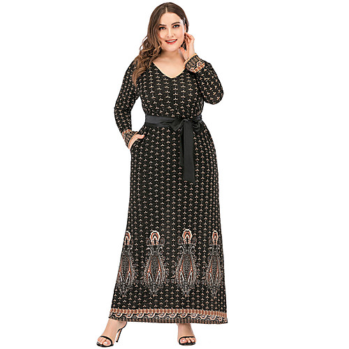 

Women's A Line Dress Maxi long Dress Black Long Sleeve Print Patchwork Bow Print Fall V Neck Casual Slim 2021 XL XXL 3XL 4XL 5XL / Plus Size