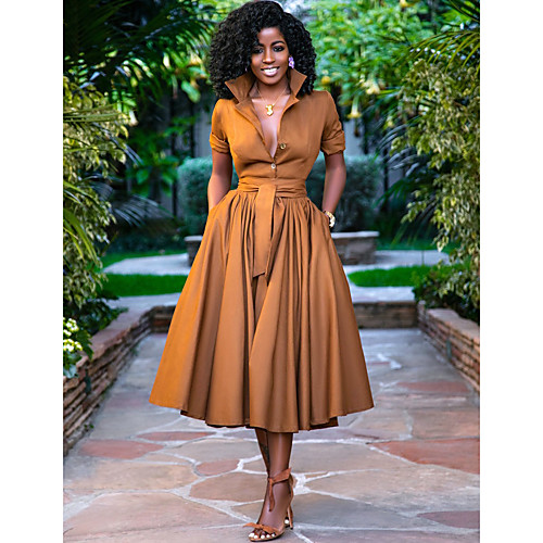 

Women's A Line Dress Midi Dress Army Green Orange Half Sleeve Solid Color Button Summer Shirt Collar Casual Holiday Loose 2021 S M L XL