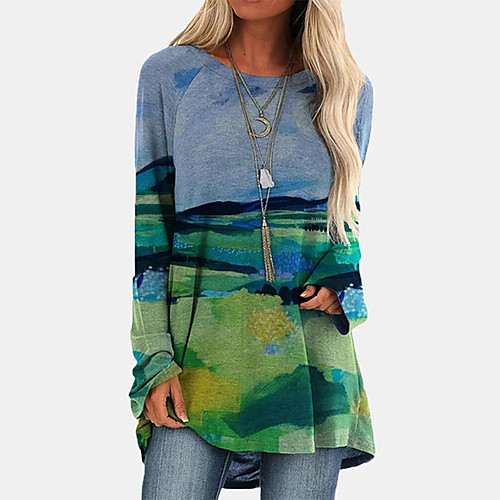 

Women's T shirt Dress Tunic T shirt Tie Dye Long Sleeve Print Round Neck Basic Tops White Blue Red