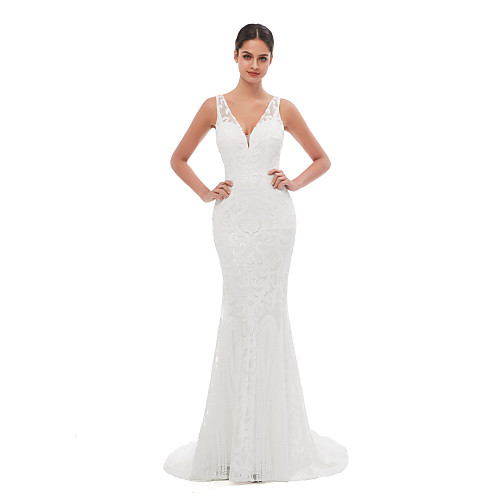 

Mermaid / Trumpet Celebrity Style Sexy Engagement Formal Evening Dress V Neck Sleeveless Court Train Sequined with Sequin Embroidery 2021