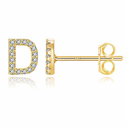 

initial stud earrings for girls, s925 sterling silver post hypoallergenic 14k gold plated letter stud earrings 26 alphabet cz earrings jewelry gifts for kids little girls women sensitive ears d