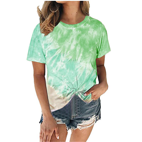 

Women's T shirt Tie Dye Print Round Neck Basic Tops Blue Purple Wine
