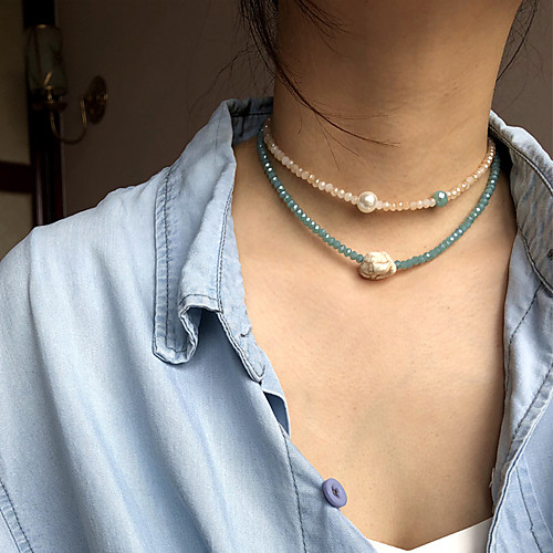 

Women's Choker Necklace Beaded Necklace Handmade Friends Laugh Joy Lucky Hope Simple Luxury Unique Design Fashion Pearl Crystal Chrome Green 38 cm Necklace Jewelry 2pcs For Street Gift Birthday Party