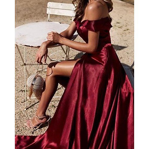 

A-Line Minimalist Sexy Wedding Guest Formal Evening Dress Off Shoulder Sleeveless Chapel Train Charmeuse with Pleats Split 2021