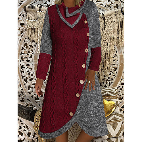 

Women's Sweater Jumper Dress Knee Length Dress Red Long Sleeve Color Block Button Fall Spring Round Neck Hot Casual vacation dresses Loose 2021 M L XL XXL 3XL / Cotton / Cotton