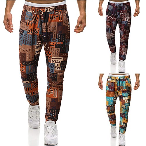 

Men's Chinoiserie Folk Style Harlem Pants Outdoor Daily Home Harem Pants Print Multi Color Patterned Ankle-Length Baggy Drawstring Yellow Khaki Navy Blue