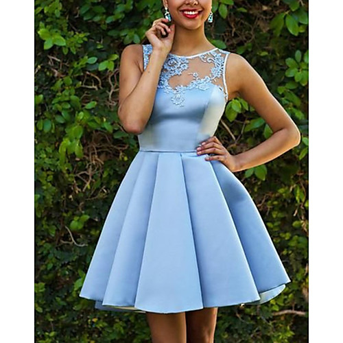 

A-Line Sexy Floral Homecoming Cocktail Party Dress Illusion Neck Sleeveless Short / Mini Lace Satin with Appliques 2021