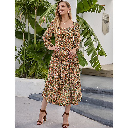 

Women's Swing Dress Midi Dress Rainbow Long Sleeve Floral Print Fall Winter Square Neck Casual Boho Going out Lantern Sleeve 2021 S M L XL