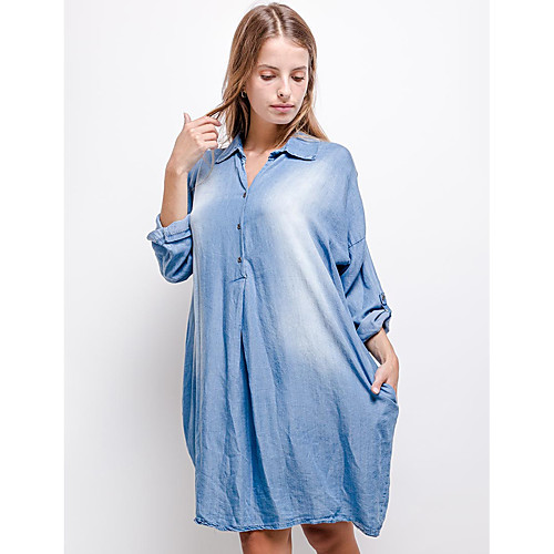 

Women's Denim Shirt Dress Knee Length Dress Blue Long Sleeve Solid Color Fall Shirt Collar Elegant Casual Holiday Loose 2021 M L XL XXL 3XL / Cotton / Cotton