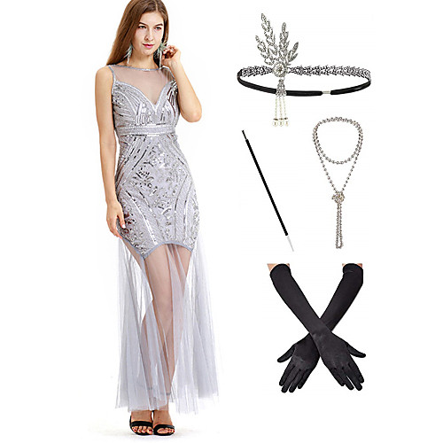 

The Great Gatsby 1920s Vintage Vacation Dress Flapper Dress Outfits Masquerade Prom Dress Women's Costume Silver Vintage Cosplay Party Prom / Gloves / Headwear / Necklace / Cigarette Stick