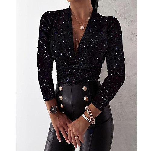 

Women's Blouse Shirt Polka Dot Leopard Graphic Prints Long Sleeve Patchwork Print V Neck Basic Tops White Black Brown