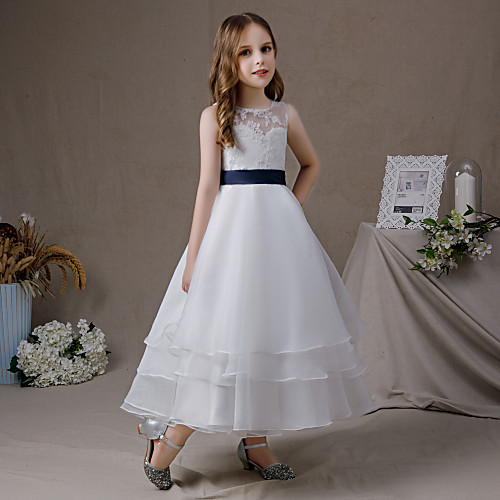 

A-Line Floor Length Junior Bridesmaid Dress Party Lace Sleeveless Jewel Neck with Tier