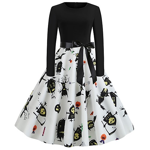 

Women's Halloween A Line Dress Knee Length Dress Blue Purple Green Orange White Red Brown Long Sleeve Pumpkin Skulls Print Patchwork Bow Print Summer Round Neck Hot Vintage Slim 2021 S M L XL XXL