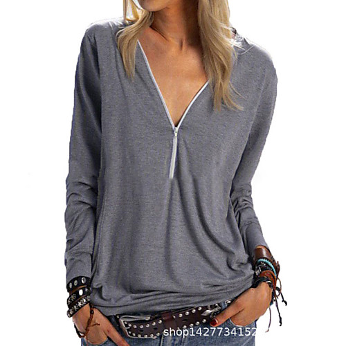 

Women's Going out Blouse Shirt Solid Colored Long Sleeve Zipper Quarter Zip V Neck Tops Cotton Blue Purple Army Green