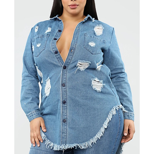 

Women's Plus Size Blouse Denim Shirt Shirt Solid Colored Long Sleeve Tassel Cut Out Shirt Collar Elegant Streetwear Tops 100% Cotton Blue