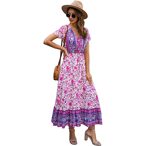 

Women's Swing Dress Maxi long Dress Blue Purple Yellow Green Red Short Sleeve Print Print Summer V Neck Hot Casual Slim 2021 S M L XL XXL / Cotton / Cotton
